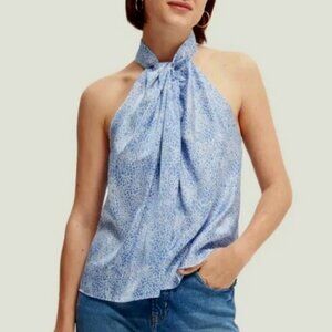SCOTCH & SODA Sun Seekers blue and white printed knotted Halter Top - Size XL